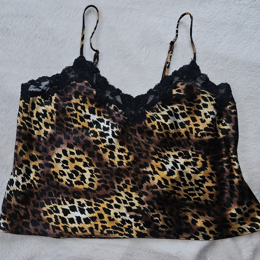 Victorias Secret Leopard Print Satin Camisole with Lace Trim Medium